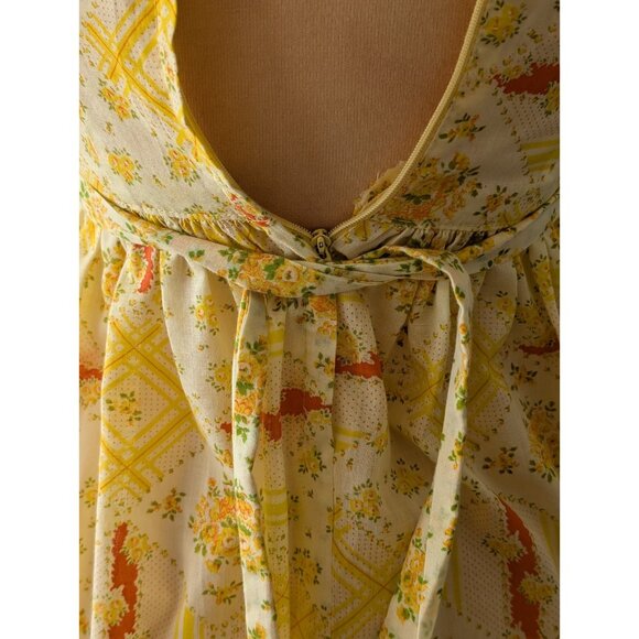 Vintage Handmade Dress 60s 70s Women's Yellow Cotton Blend Floral A Line Mod XS - Picture 6 of 9